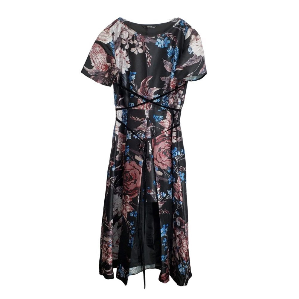 ESHAKTI High-Low Dupioni Dress 2X-20W Black Roses Floral Criss Cross Ribbon Tie